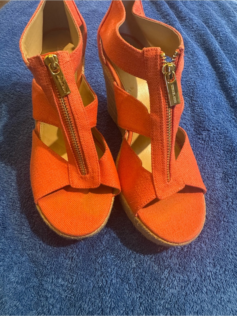 MICHAEL Michael Kors Coral Canvas Cage Wedge Sandals with Gold Zippers